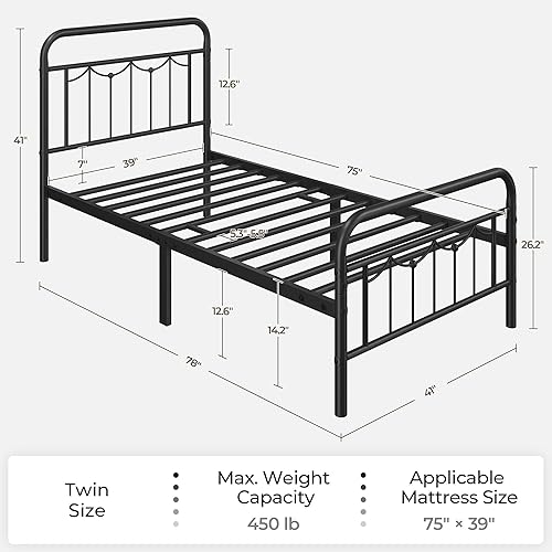 Miniatura 2 de Topeakmart Base de cama de metal individual con cabecera y estribo vintage, marco de cama de metal resistente de 13 pulgadas con almacenamiento,