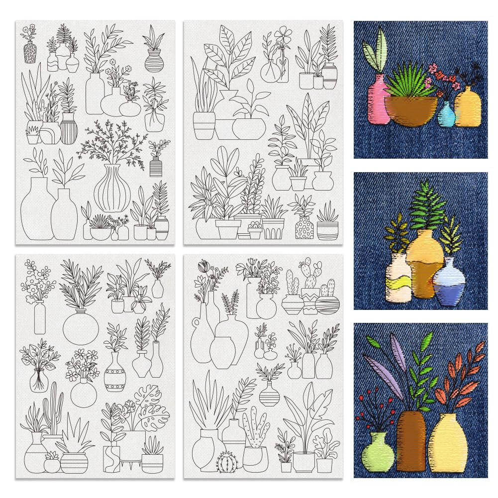 BENECREAT Kit Broderie 4 Feuilles 37 Motifs Vase Soluble Dans L'Eau - Initiation Pour Débutants