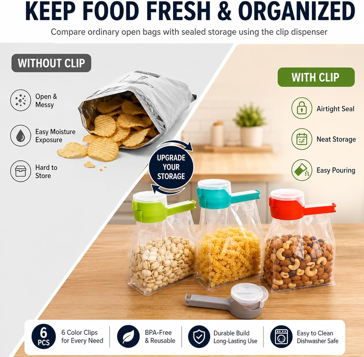 6 Pcs Food Bag Clips With Pour Spouts,Reusable Snap Seal Spout Bag Clips