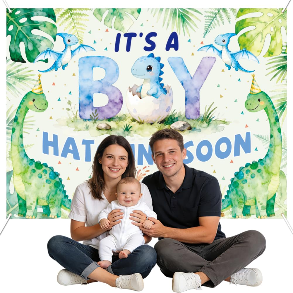 WADORN It's a Boy Hatching Soon Decoration Backdrop, 4.9x6.6Ft Dinosaur Newborn Party Banner Backdrops Happy Birthday Photography Background Photo Booth Props for Baby Shower Birthday Decors
