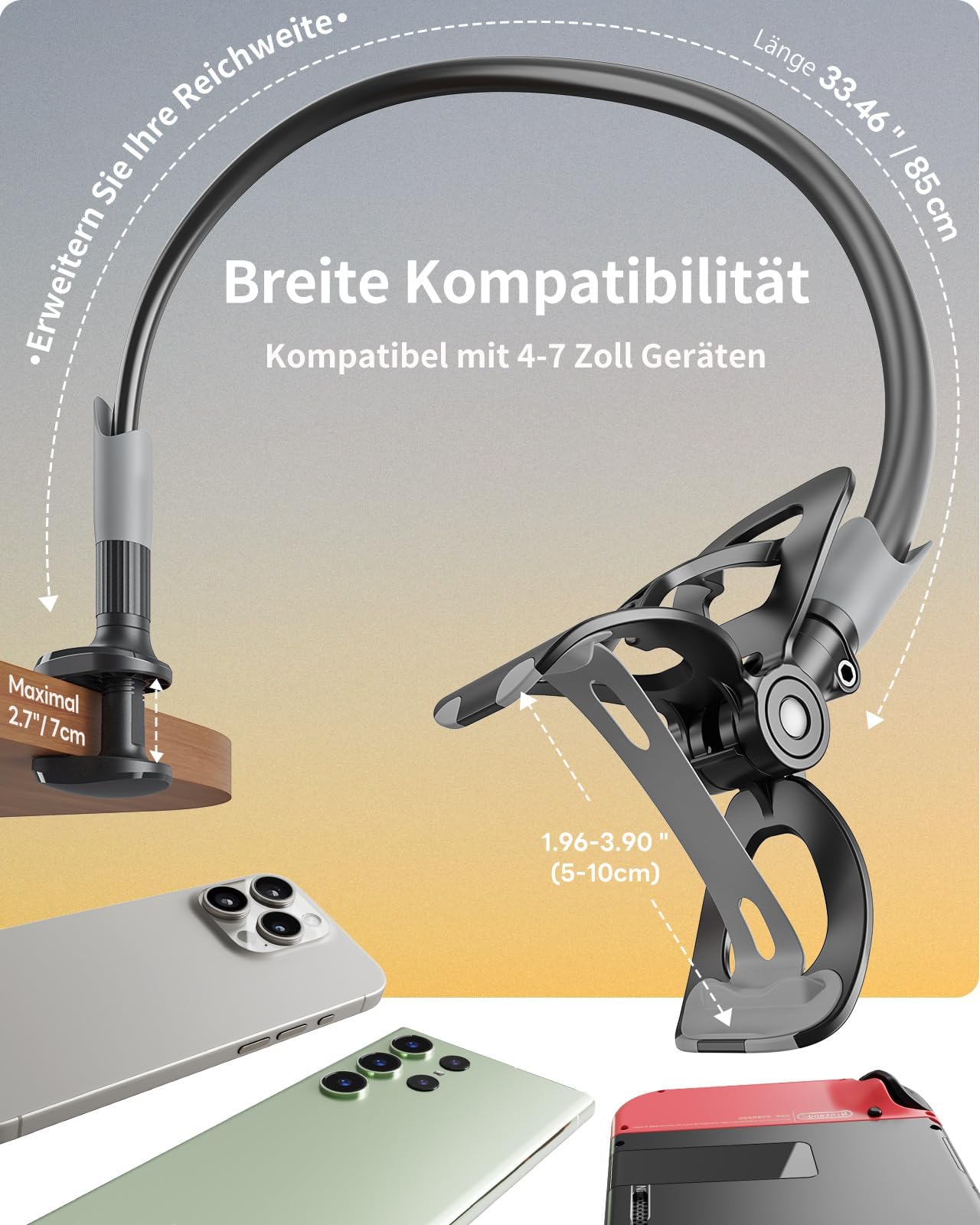 SAIJI Handy Halter für Bett, Schwanenhals Handy Halterung, 360 Drehbare Lang Arm Handy Ständer, für iPhone 17 16 15 14 13 12 Pro, 4"-7" Screen (Schwarz)