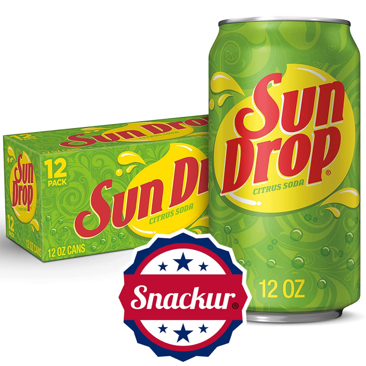 Sun Drop Citrus Soda,12 Fl Oz Cans ,12 Pack, With Snackur Seal