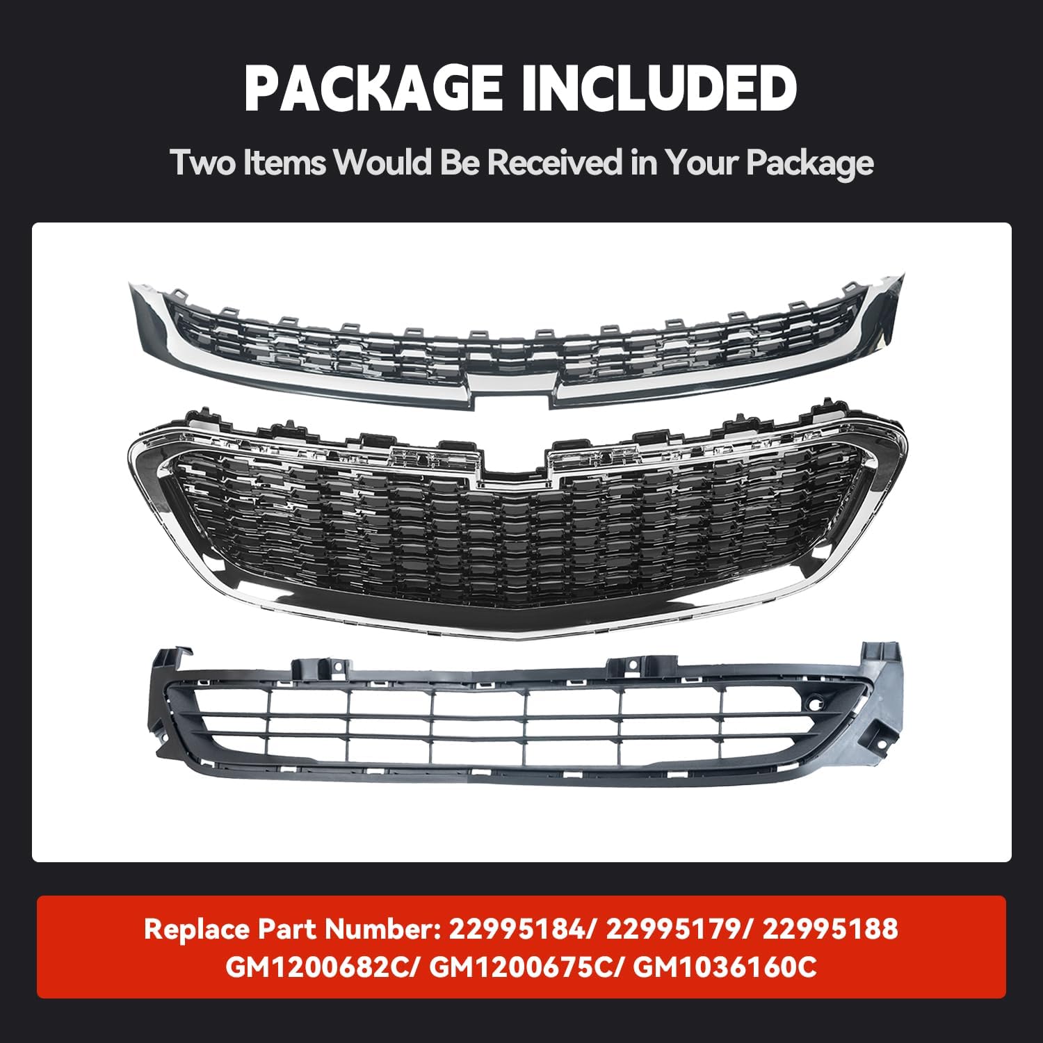 3Pcs Front Bumper Grille Upper & Center & Lower Grill Assembly Compatible with 2014-2016 Chevrolet Malibu GM1200675 GM1200682 GM1036160