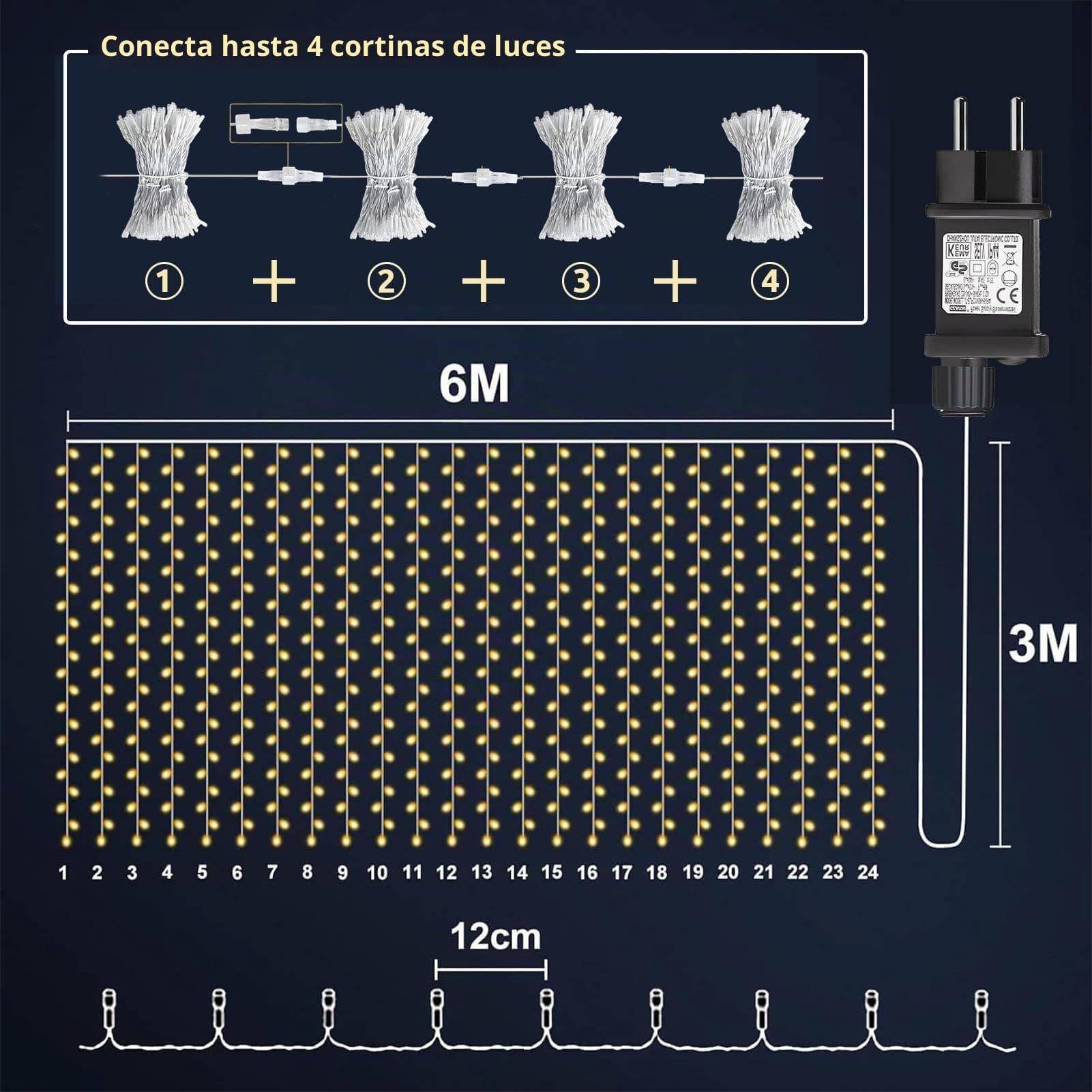 Cortina de Luces con Enchufe, 6Mx3M 600LED Blanco Cálido, 2 Piezas | IP65 impermeable, 8 modos, temporizador, guirnalda, cascada de luz para interior, exterior, balcón, boda, fiesta y jardín