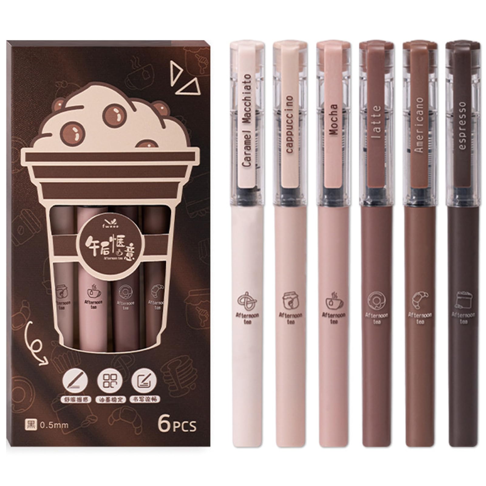 MOZXIRZ 6 Pcs Rolling Ball Pens Cute Coffee Liquid Ink Rollerball Pens Cartoon 0.5 mm Black Ink Pen Quick Drying Smooth Writing Pen Office School