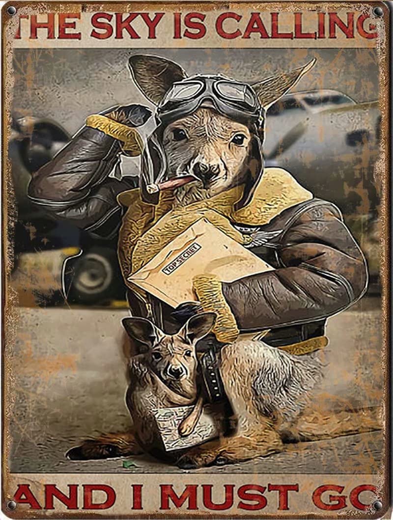 Tin Sign Kangaroo Pilot Nostalgic Tin Signs Funny Poster Art Wall Decor for Pub Bar Vintage Wall Stickers 8x12 Inch