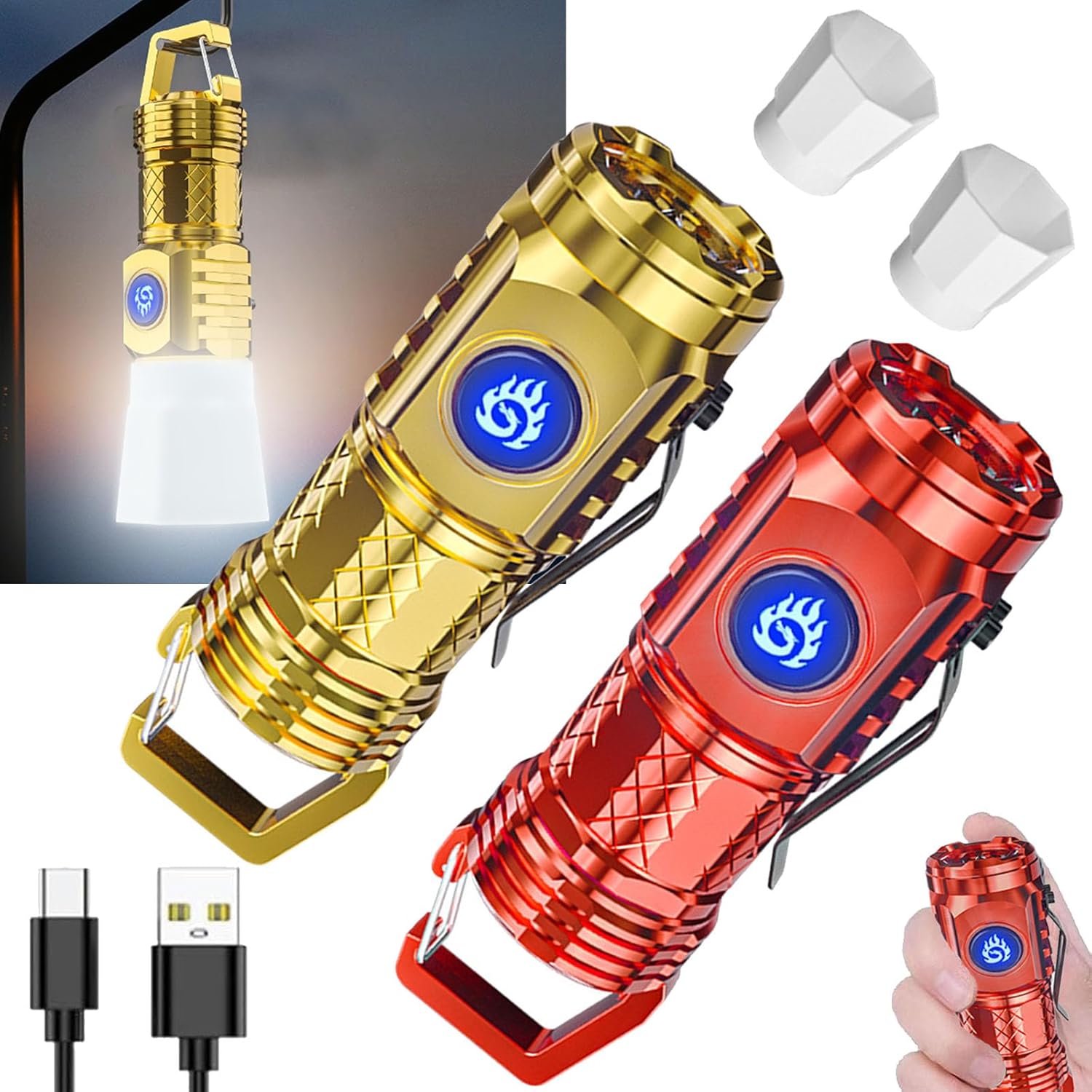 German Three-eyed Monster Mini Flashlight Thumb Flashlight, Mini Flash Super Power Flashlight, Multi-Functional Mini Pen Clip Flashlight Light Steel High Lumen Rechargeable Waterproof (2Pcs-b)