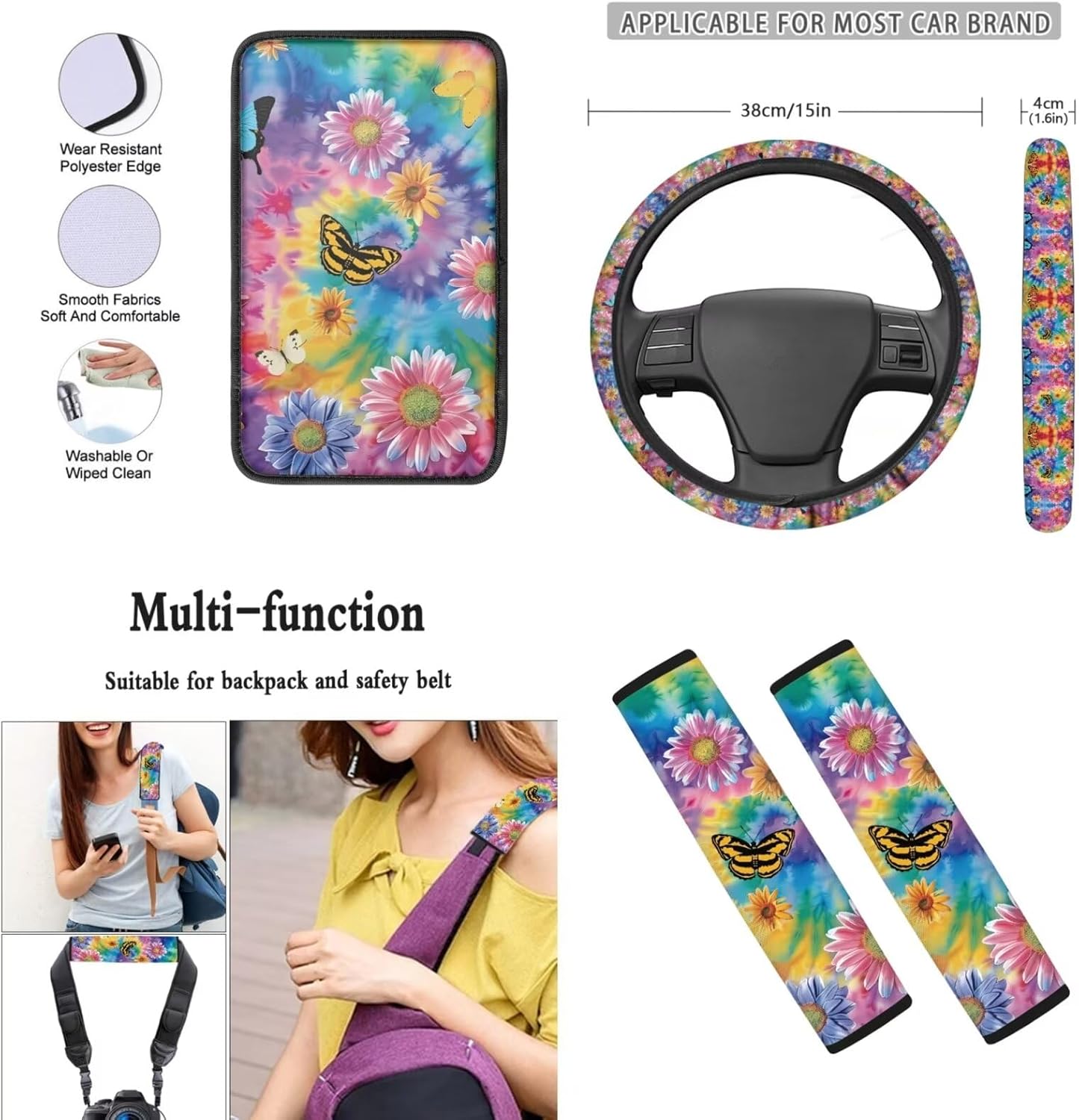 Tie Dye Butterfly Auto Interior Accessories Decor Car Seat Belt Shoulder Pads 15 Inch Steering Wheel Arm Rest Cover Front Back Seat Cushion for Cars Trucks Van SUV,8 Pcs