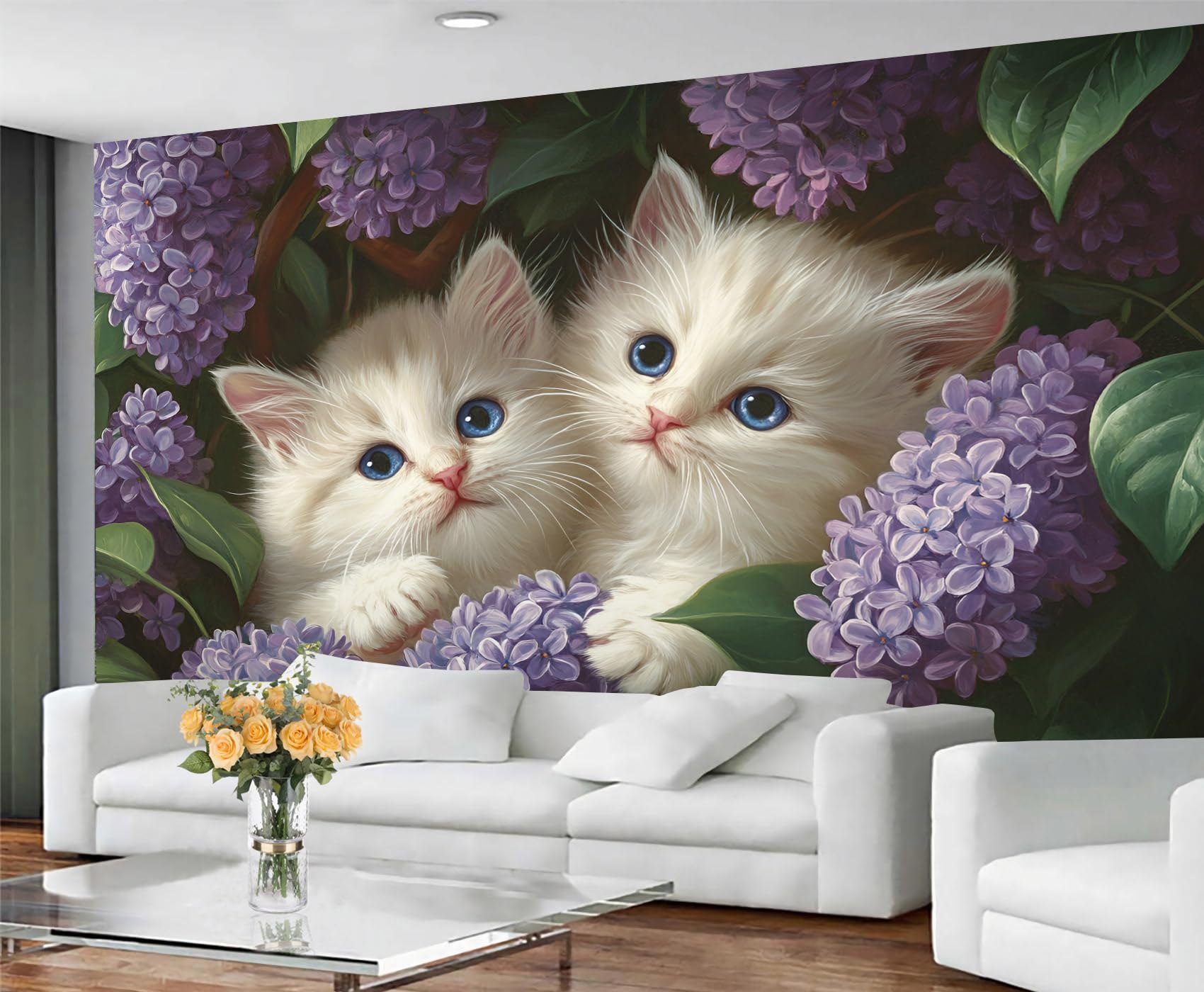 GIVLWF Cute Cat Wallpaper, Violet Floral Wallpaper for Living Room, Animal Print Bedroom Wall Paper, Wall Mural & Home Decor, Non Self Adhesive