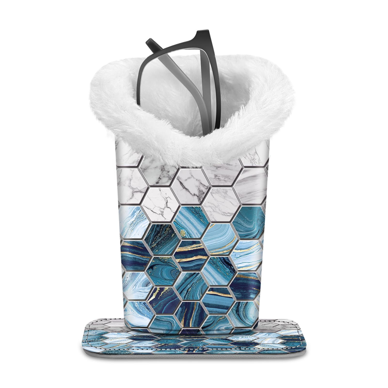 Fintie Plush Lined Eyeglasses Holder with Magnetic Base- Premium Vegan Leather Glasses Stand Case, Agate Hexagons