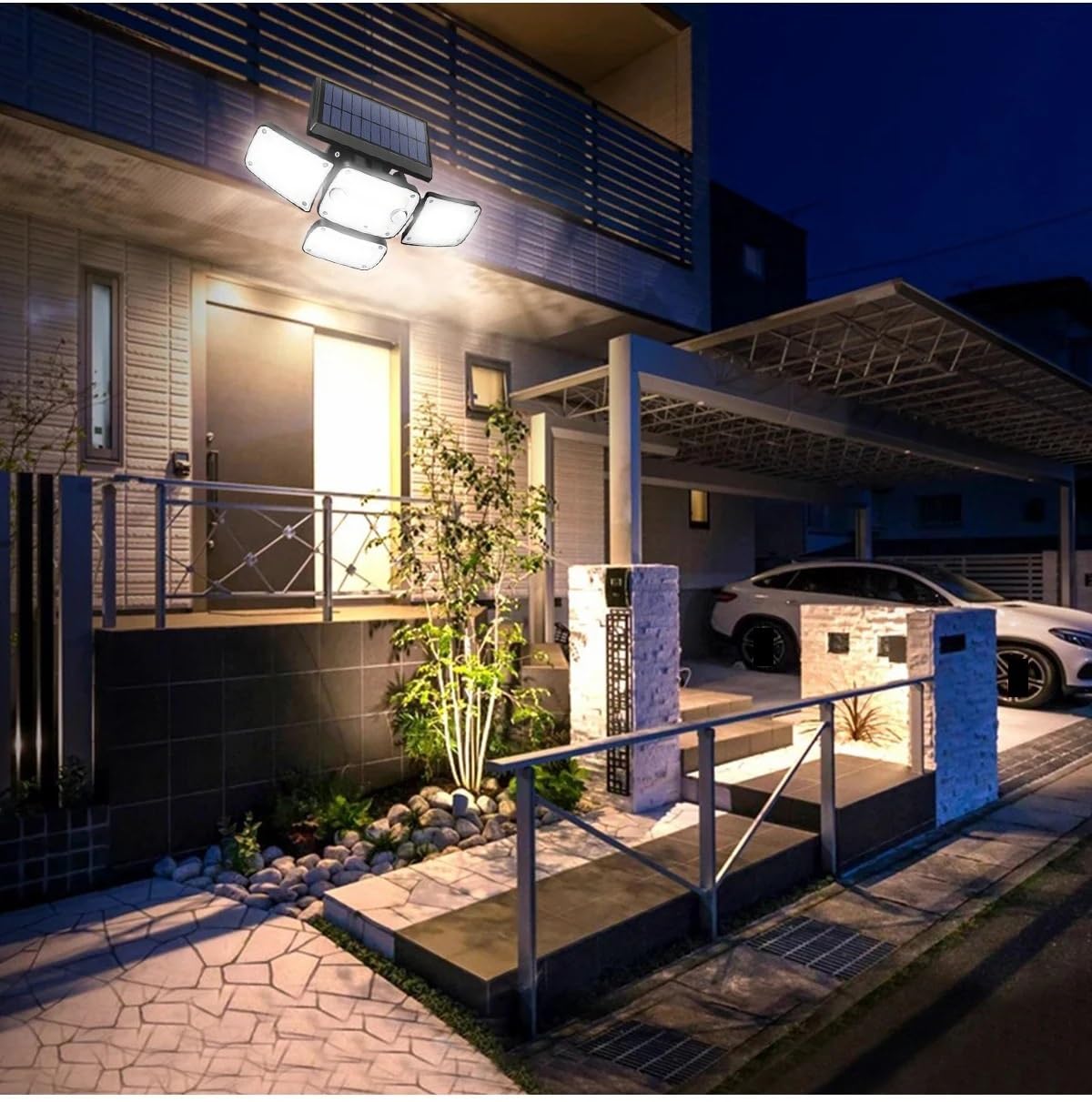 Reflektory zewnętrzne, Solarne lampy zewnętrzne z 4 regulowanymi głowicami IP65 Wodoodporne i 3 tryby 6500 K z pilotem