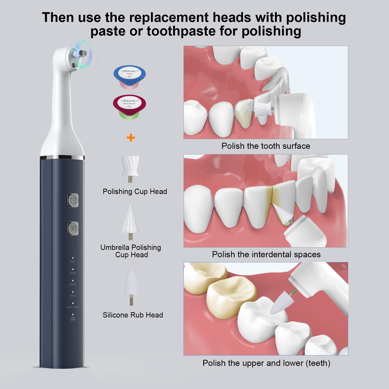 Pulidor de dientes y removedor de placa, herramientas de limpieza de dientes para limpieza y pulido de dientes, herramientas de limpieza dental para iluminar y pulir dientes con 5 cabezales de cepillo