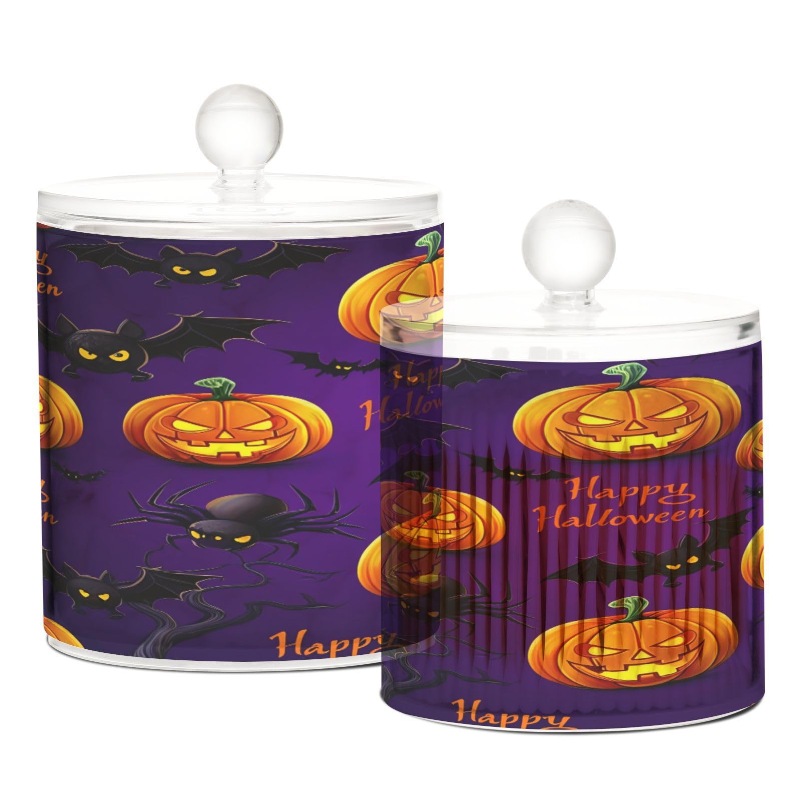 BOESI Bathroom Organizer Set of 2, Cotton Swab Caddy with Lid Dispenser, Halloween Pumpkins and Bats