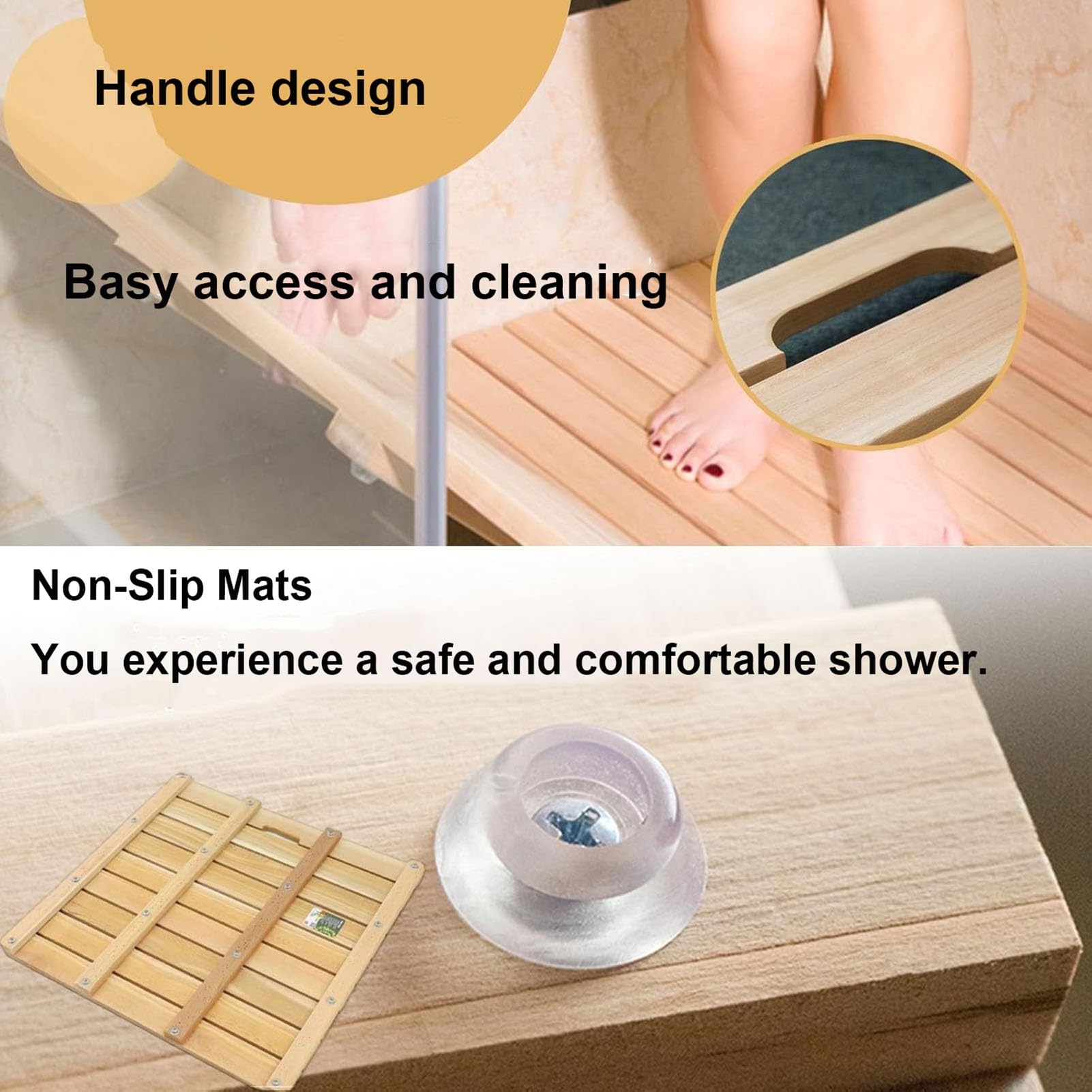 Alfombrilla de baño de madera maciza con almohadillas antideslizantes y asa para ducha y bañera, tabla de drenaje impermeable