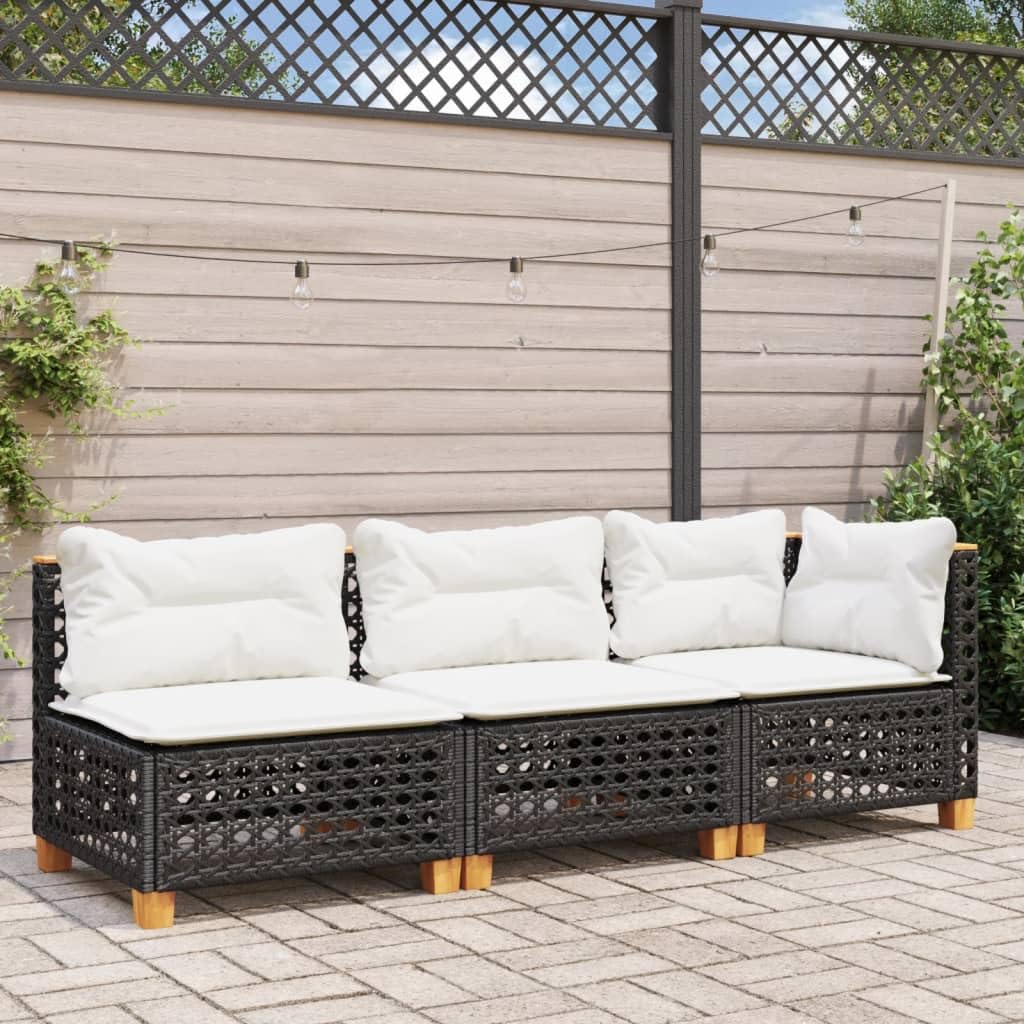 Gecheer Divano da Giardino a 3 Posti con Cuscini Nero in Polyrattan,Divani,da Giardino,per Esterno,Salottini,Salotto da Giardino,da Esterno,Divano Modulare,Set da Giardino,365941