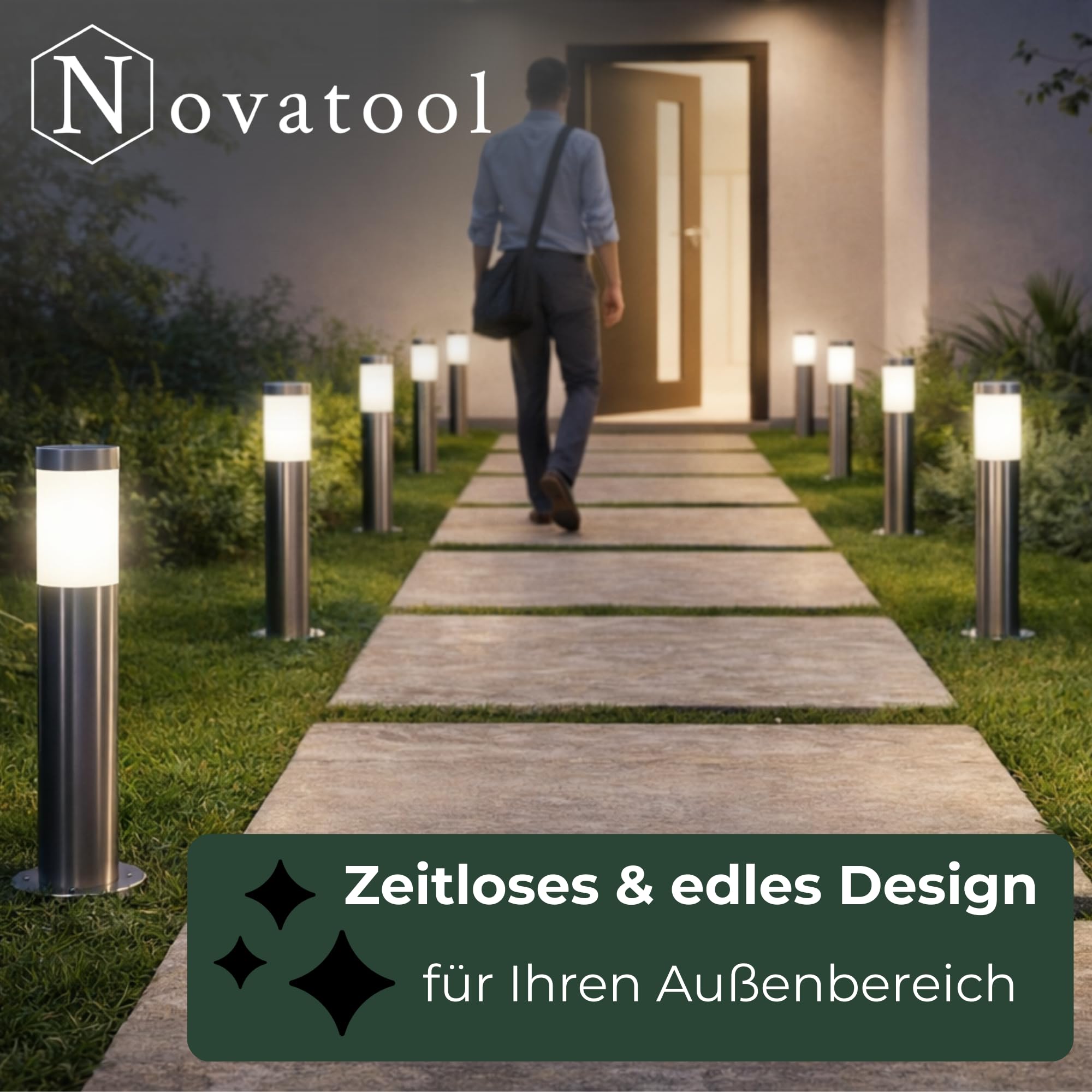 Novatool 4x Wegeleuchte I 45 cm I Edelstahl I IP44 I E27 Sockel I Wegebeleuchtung aussen Aussenleuchten Garten Standleuchte Terassenleuchte Gartenleuchte stehend Terrassenlampe