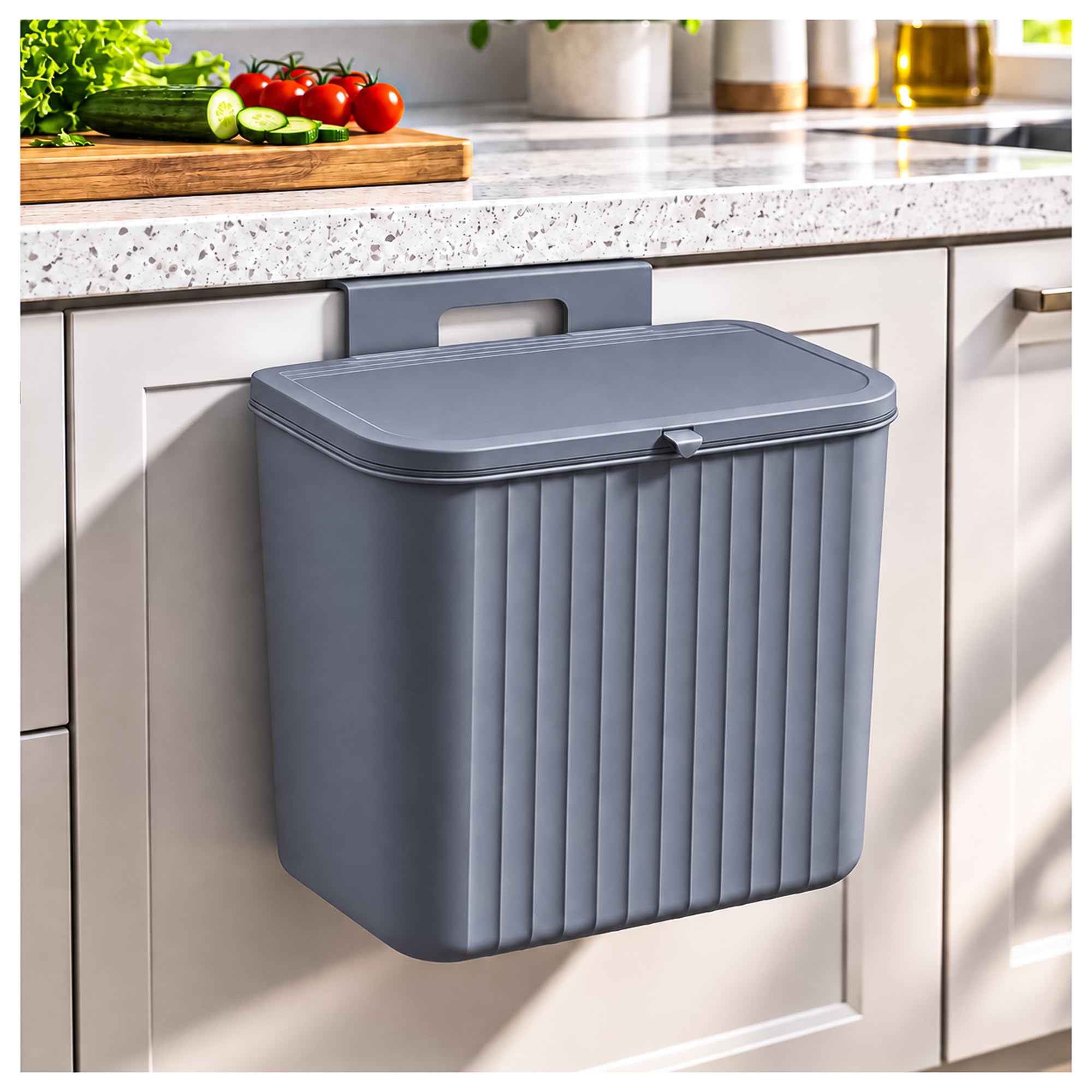 Eightiz Plastic Hanging Kitchen Trash Can with Lid– Cabinet Door Hanging Garbage Bin, Double-Sided Open Flip Lid, Wall Mounted Kitchen Waste Bin, Under Sink Storage Trash Bucket(7L,Grey).