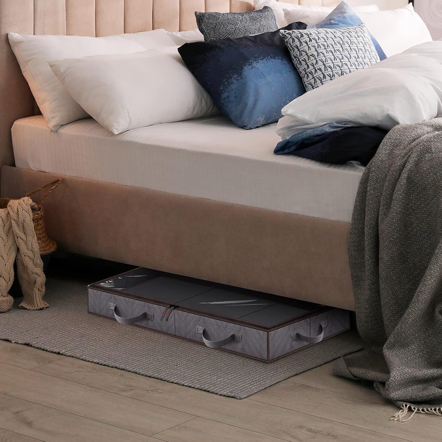 ICERO Under bed Storage Containers - Sturdy Sidewalls and Bottom for Clothes Sweaters Pillows Blankets and Shoes - 38 x 16 x 6 Set of 2 (Gray)
