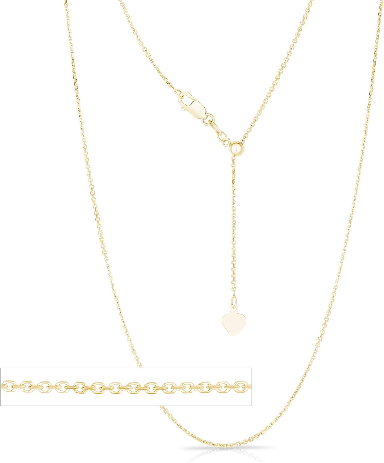 Floreo 10k Fine Gold 1mm Adjustable Link Cable Chain Necklace with Small Heart Charm, 22”