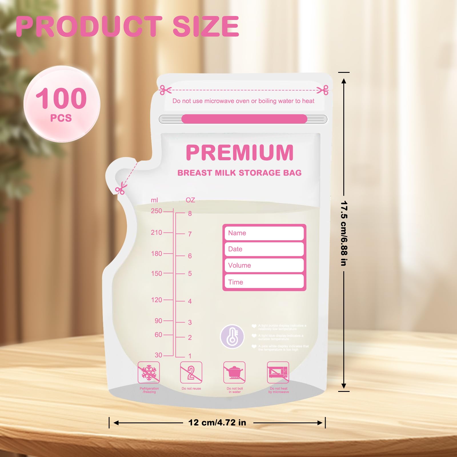 100 bolsas de almacenamiento de leche materna de 250 ml con boquilla, sobre de color sensible a la temperatura para una lactancia cómoda