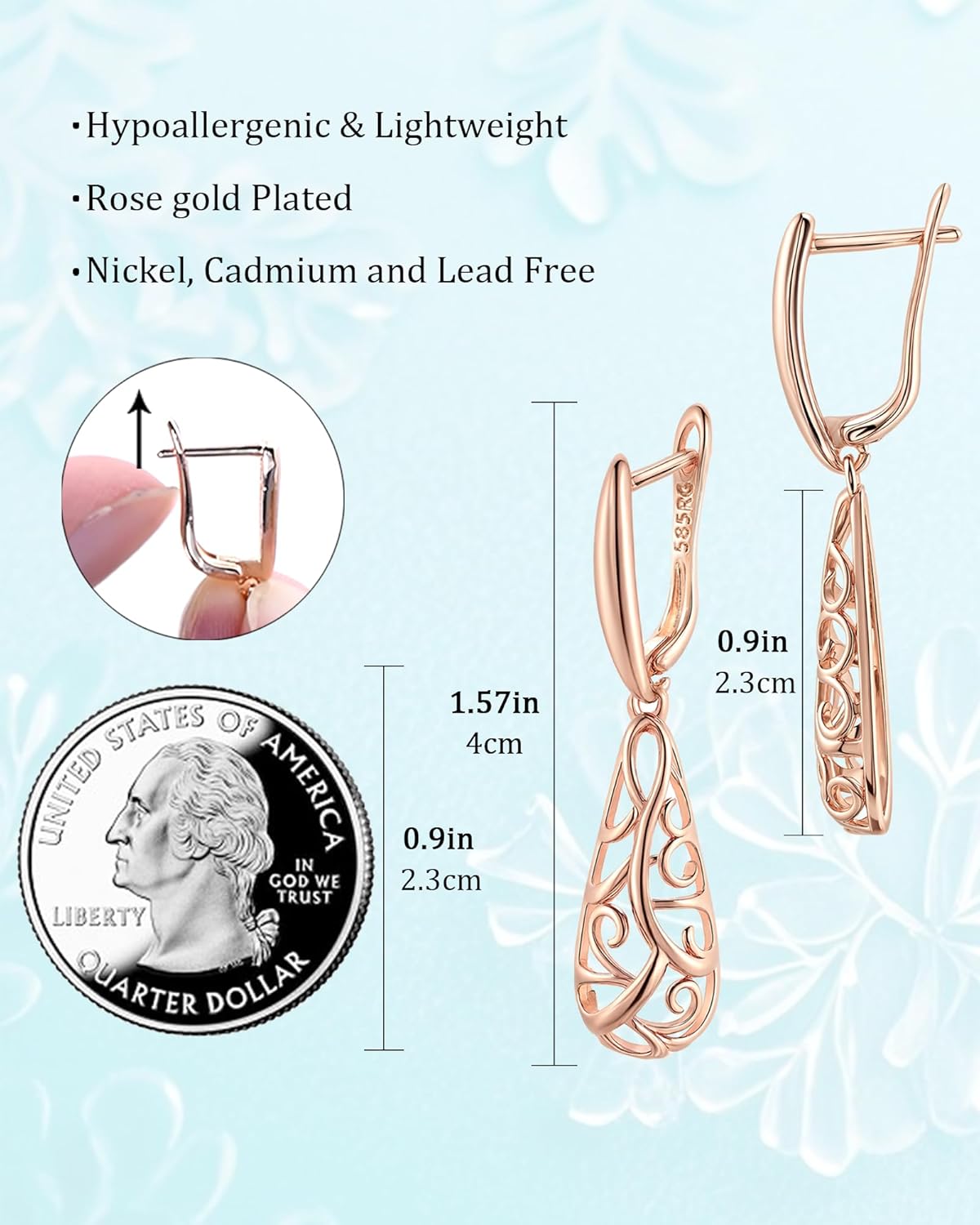 Rose Gold Teardrop Filigree Dangle Earrings | Hypoallergenic Minimalist Celtic Boho Earrings | Bohemian Drop Jewelry Gift for Weddings, Sensitive Ears & Statement Lovers - Image 4