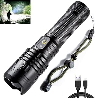 Led Flashlight Rechargeable, 90000 Lumen Tactical Flashlight, Zoomable Illumination Distance, with 5 Lighting Modes, can Be Used as Power Source, Waterproof, Suitable for Outdoor Camping Emergency
