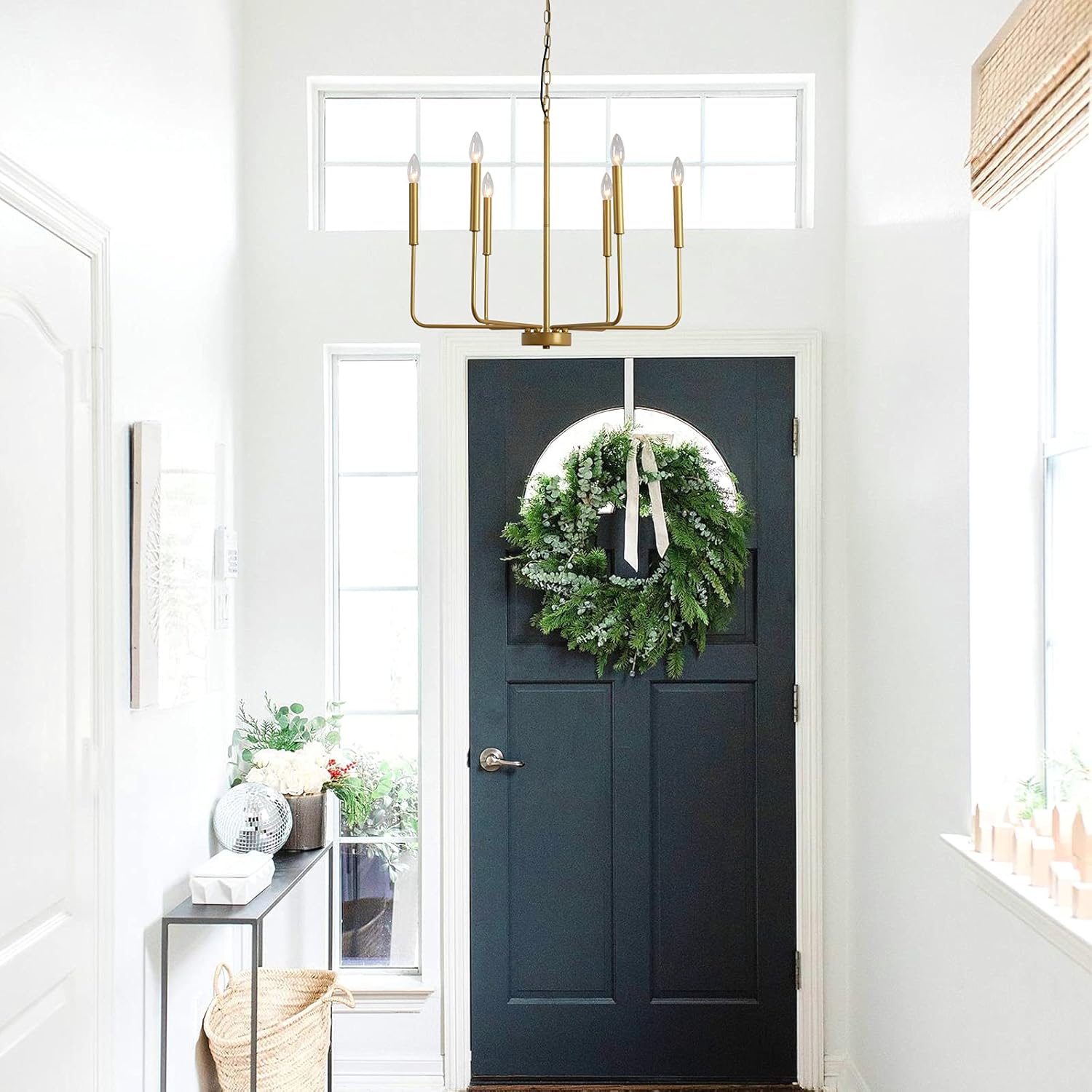 Modern Farmhouse Candle Chandelier 6-Light Rustic Light Fixture Industrial Ceiling Light for Dining Living Room Foyer Bedroom Kitchen Hanging Pendant Lighting, Gold - - 