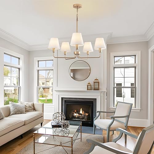 Miniatura 6 de Lámpara de araña de granja, moderna lámpara dorada para comedor con pantalla de tela blanca, 5 luces de altura ajustable, lámpara colgante