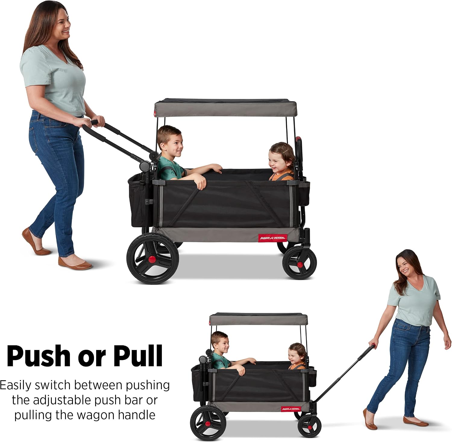 Radio Flyer Trav-ler Stroll 'N Wagon, Black Push Wagon with Canopy, Storage Bag, and Cupholders, for Ages 1+ Years