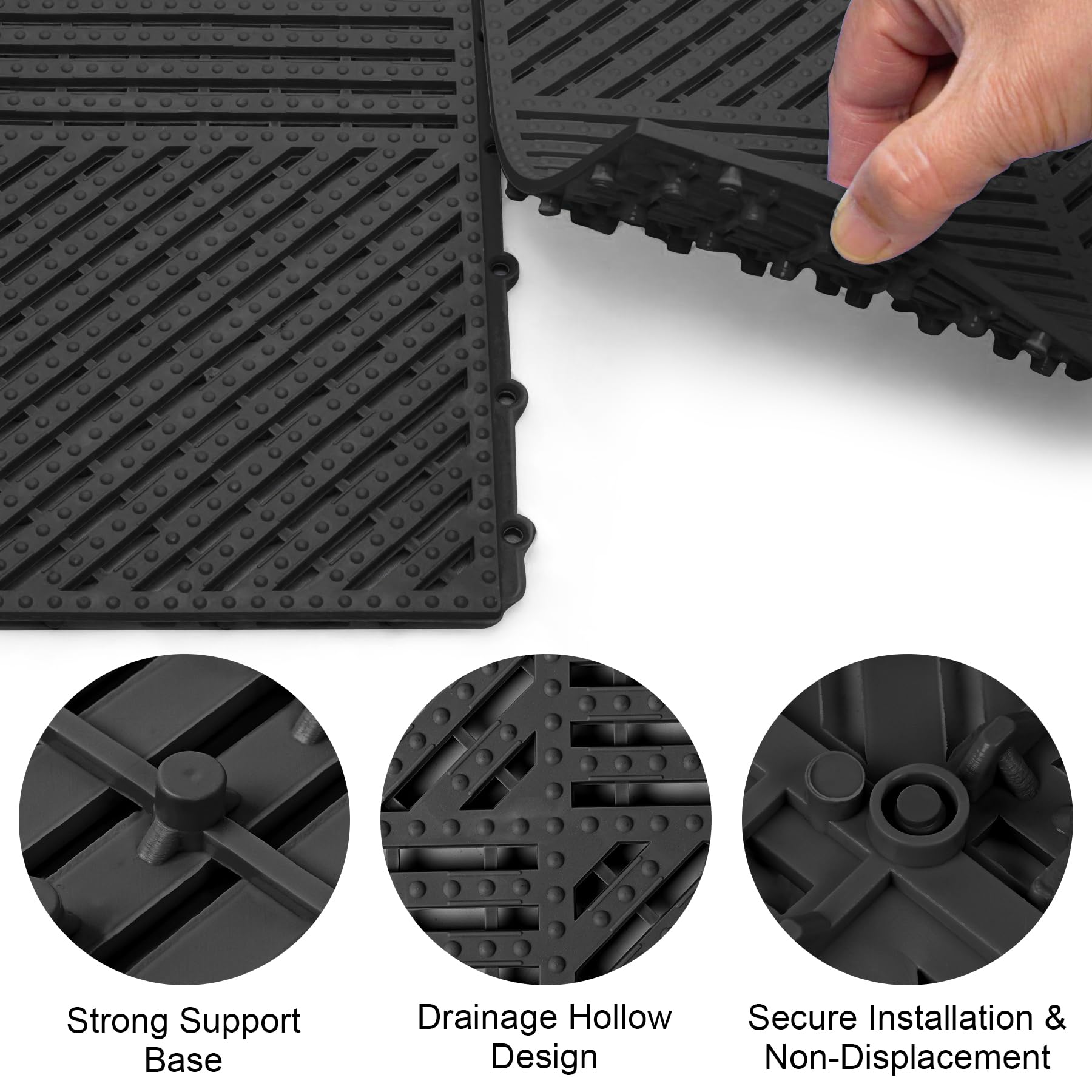 MYFAMIREA Modular Interlocking Cushion 12 Pack 11.8" x 11.8" Rubber Floor Tiles Non-Slip Splicing Drainage Mats for Deck, Pool, Shower, Patio, Balcony, Bathroom, Kitchen, Yard (1 Rows Dots, Black) — Amazon image 4