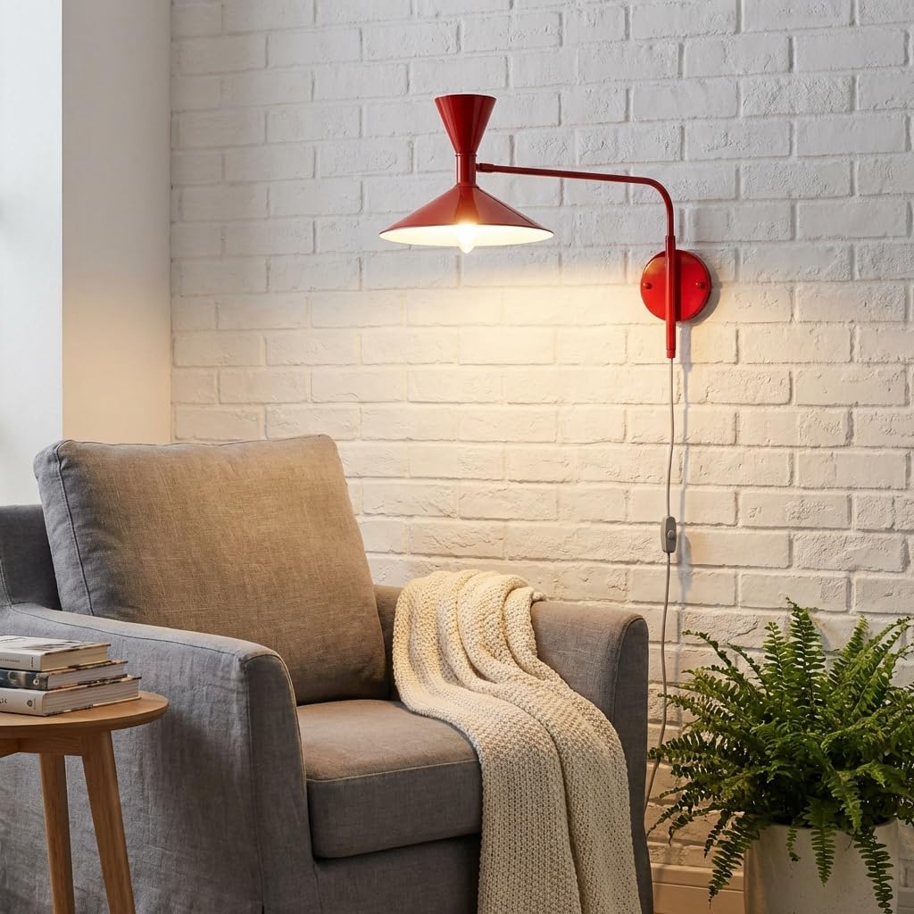 BARCELONA LED Lámpara de Pared Industrial Grande 40cm, Aplique de Pared con Brazo Articulado Retro y Moderno, Pantalla de Metal Rojo Interior Blanco para Restaurante, Escaleras y Dormitorio