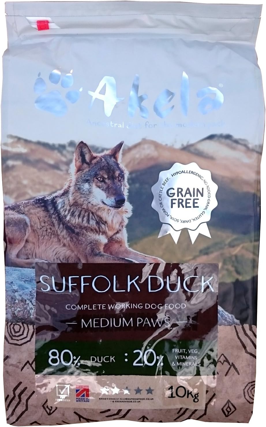 Akela Suffolk Duck Small Paws Grain Free working dog food 10kg VAT FREE