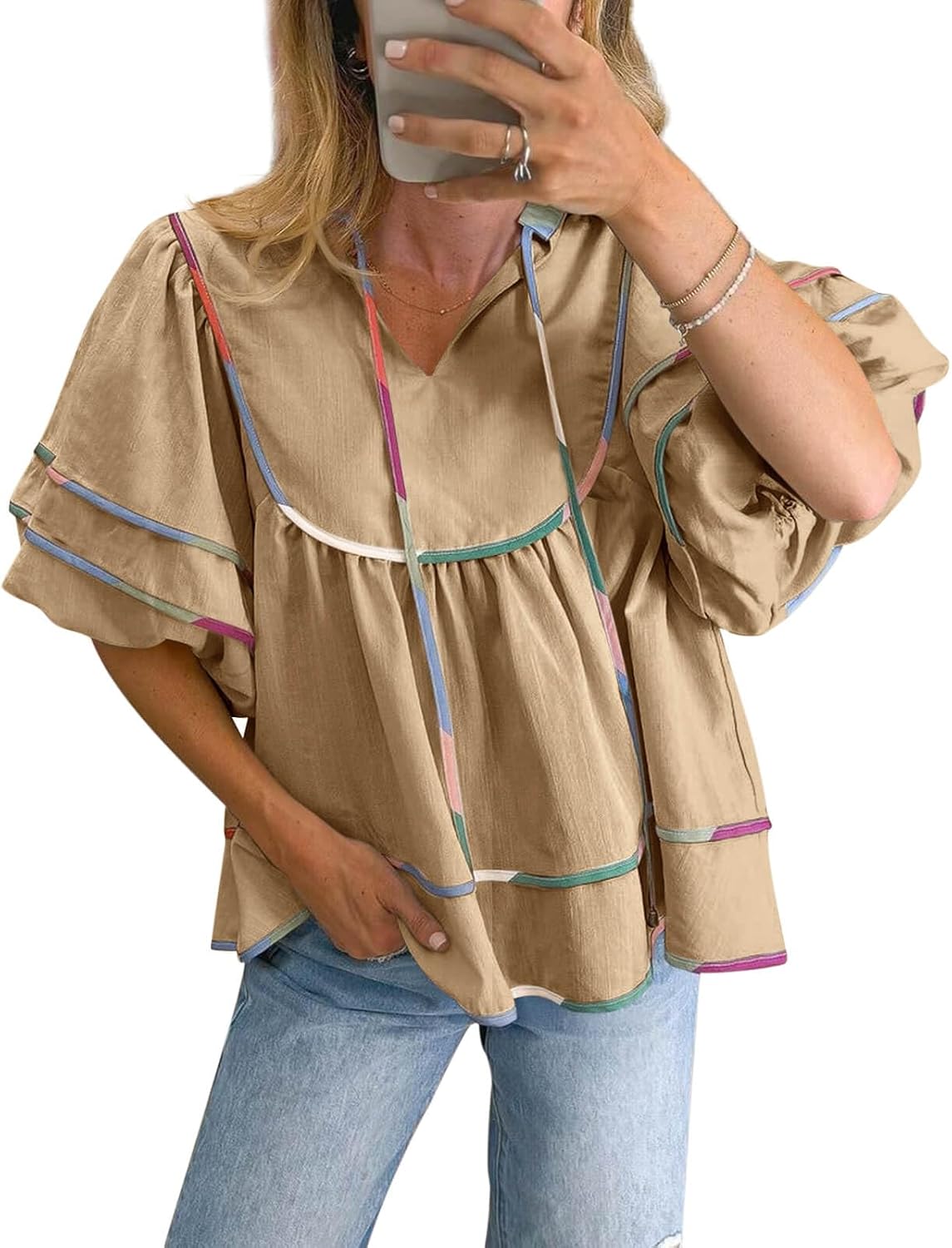 Cicy Bell Womens Summer Babydoll Tops V Neck Short Lantern Sleeve Shirts Cute Loose Fit Peplum Flowy Blouses