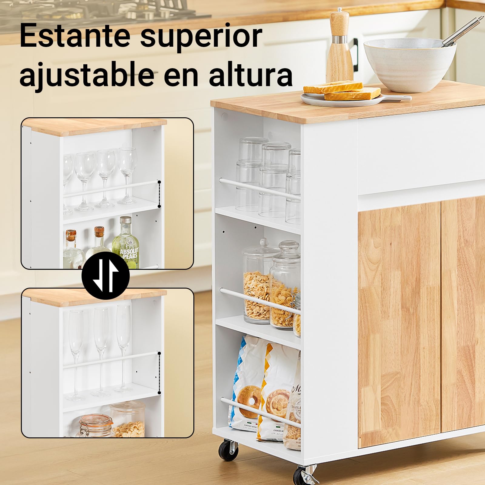 SoBuy Carrito de Cocina con Ruedas, 3 Estantes con Barras, 70×90×40cm | Isla de Cocina con Cajón, Armario & Estantes Ajustables, carga 68 kg, MDF/madera de caucho, para cocina & comedor, FKW132-WN