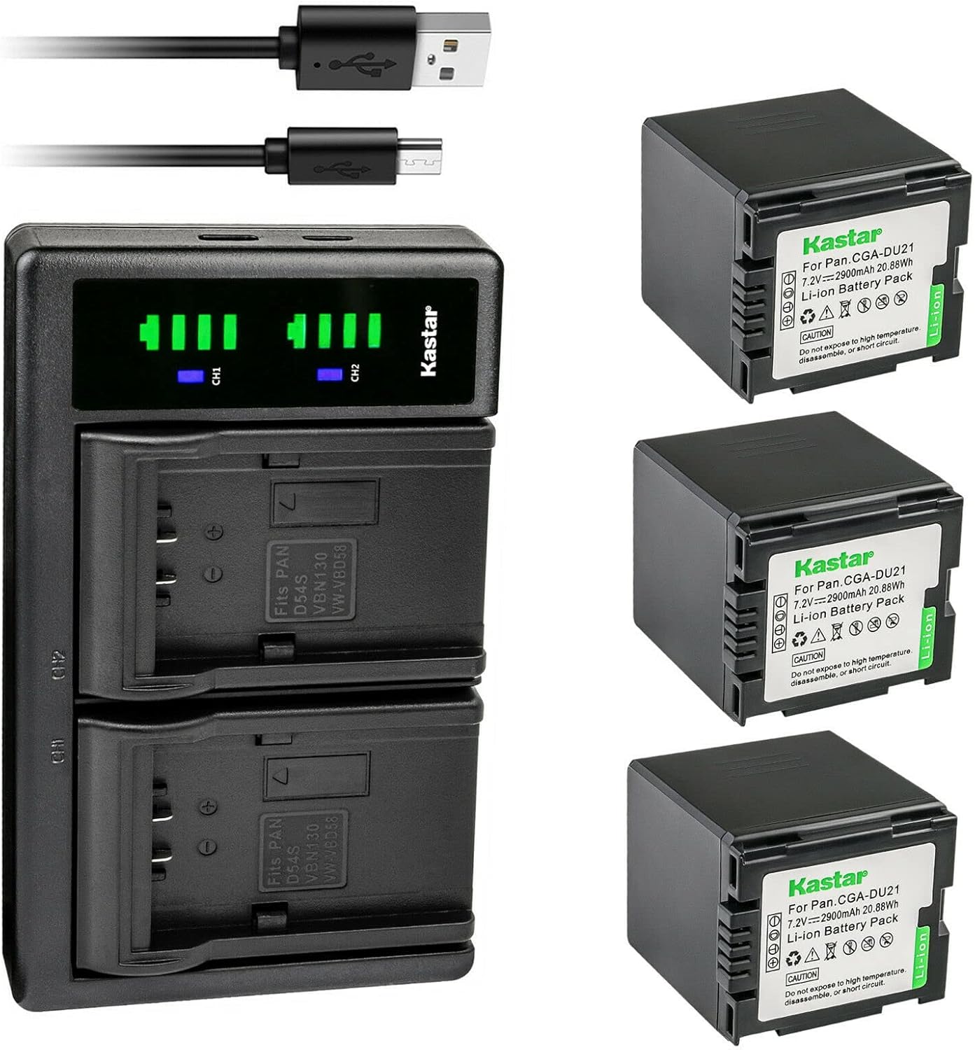 Kastar 3-Pack CGA-DU21 Battery and LTD2 USB Charger Compatible with Panasonic VW-VBD060, VW-VBD070, VW-VBD120, VW-VBD140, VW-VBD210, VSB0470, CGR-DU06, CGR-DU07, CGR-DU12, CGR-DU14, CGR-DU21 Battery