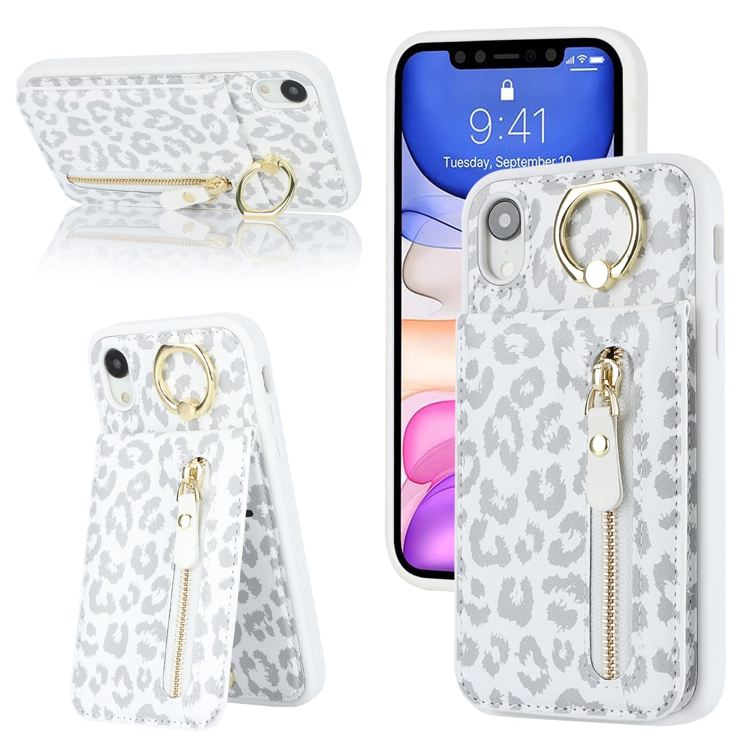 DEYHU iphone XR phone case wallet for Women, iphone XR phone case with card holder with Credit Card with Ring Kickstand Zipper Shockproof Slim Stand Case for iPhoneXR - White Leopard