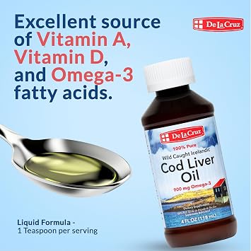 De La Cruz Pure Cod Liver Oil Liquid Icelandic Fish Oil, 4 fl. oz (118 mL)