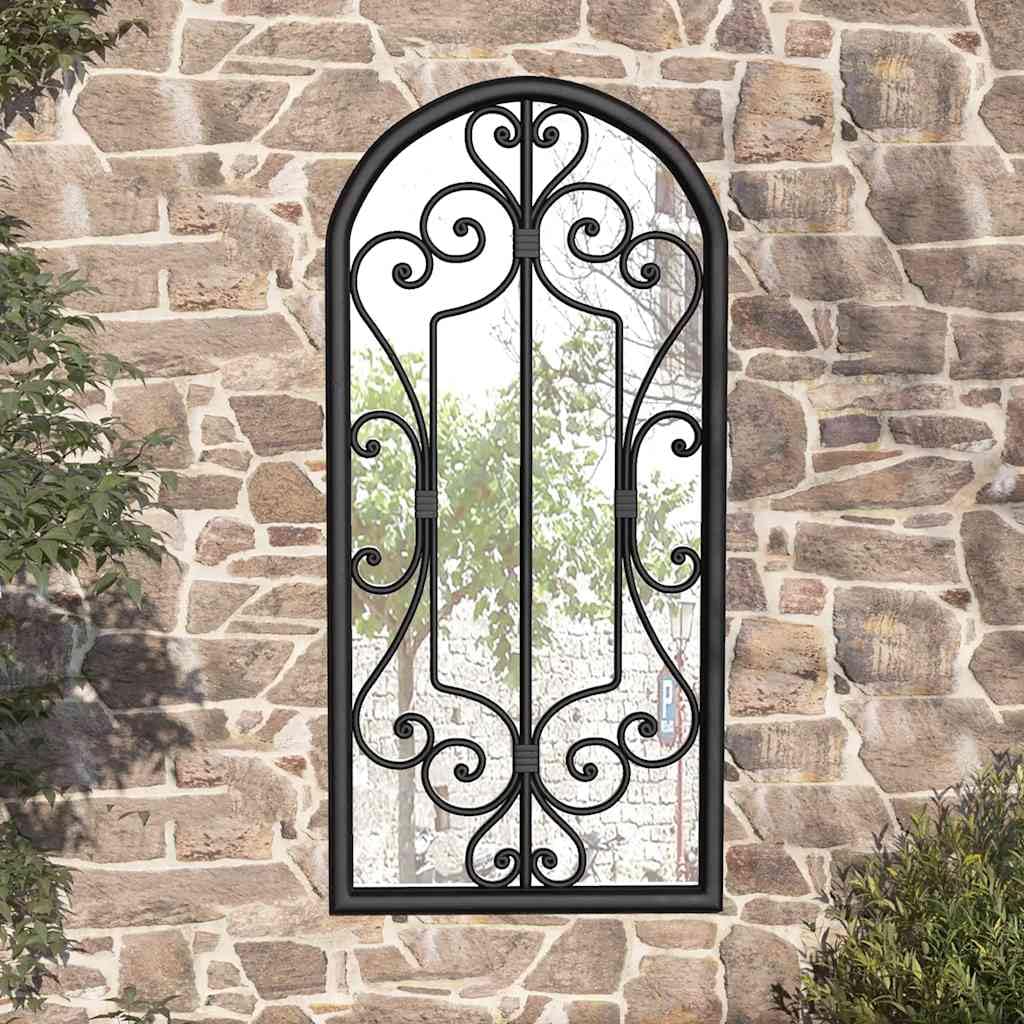 Espejo de jardín decorativo de hierro con efecto oxidado, 100 x 45 cm, negro, para montaje en pared con agujero preperforado, ideal para decoración de jardín y ópticas