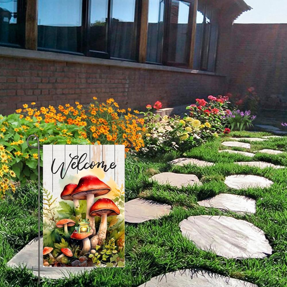 Mushroom Garden Flag Spring Summer Yard Flags for Outside 12x18 Inch Double Sided Vertical Red Mushrooms Frog Cottagecore Welcome House Porch Flag Seasonal Holiday Outdoor Decoration - Image 4