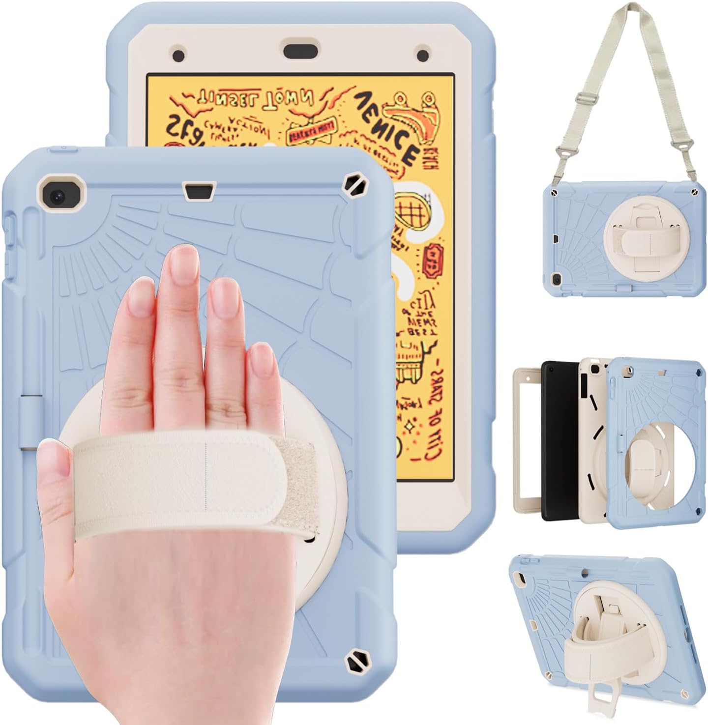 Case for iPad mini 5/4 with Screen Protector, Pencil Holder [360 Rotating Hand Strap] & Stand, Drop-Proof Case for iPad mini 5th/4th Generation 7.9 inch(Ice Blue)
