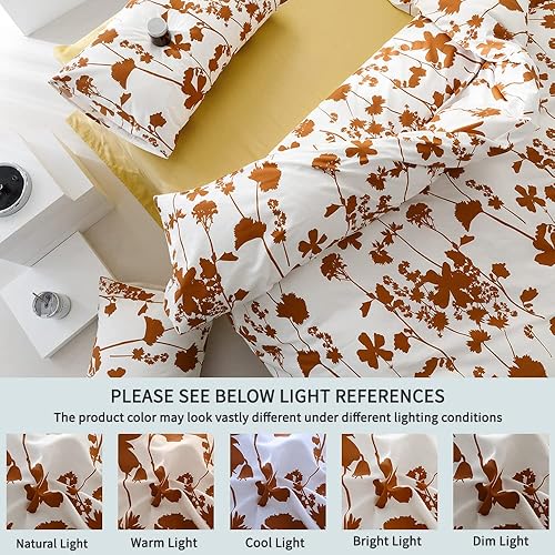 Miniatura 8 de FADFAY Juego de funda de edredón de algodón naranja quemado, tamaño Queen, juego de funda de edredón floral blanco terracota con cremallera, ropa de