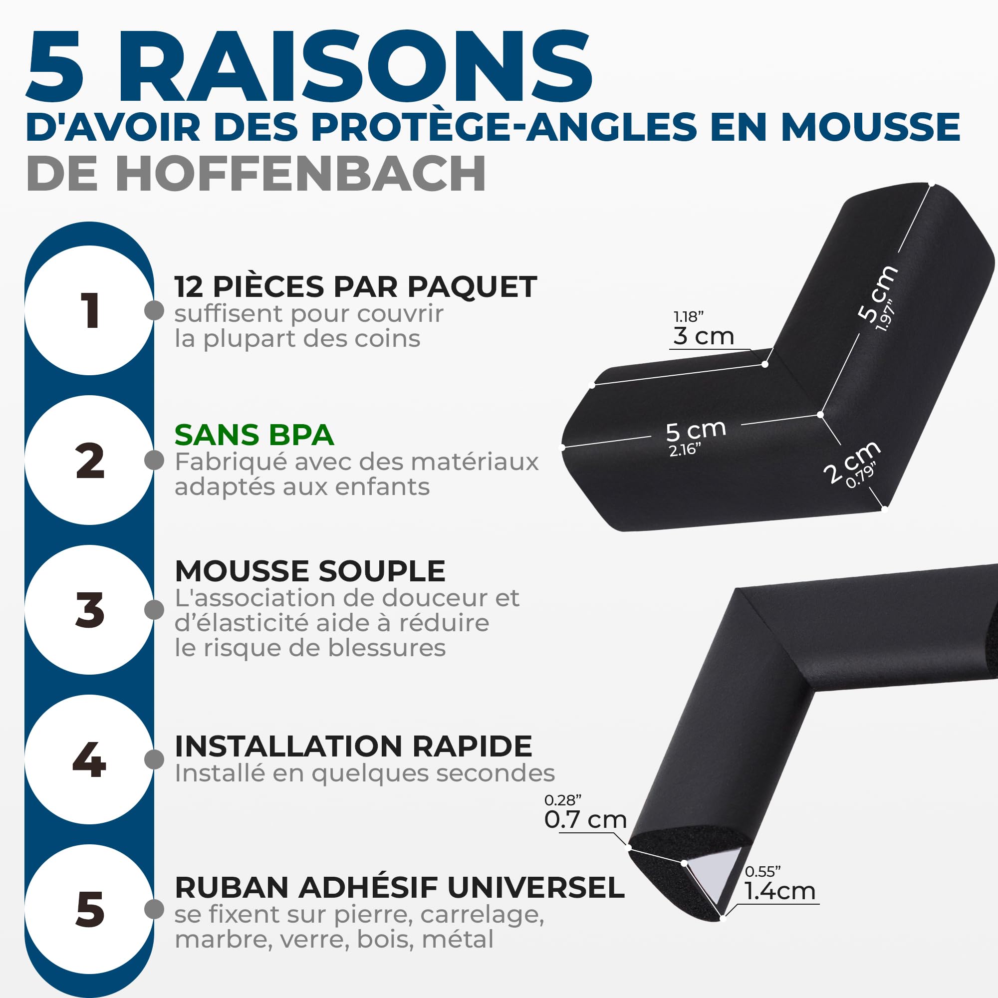 Hoffenbach 12x Protection pour Bébé – Coussin de Sécurité en Mousse Adhésive pour Angles de Table, Bureau et Étagères – Protège-Tête pour Enfant – Noir