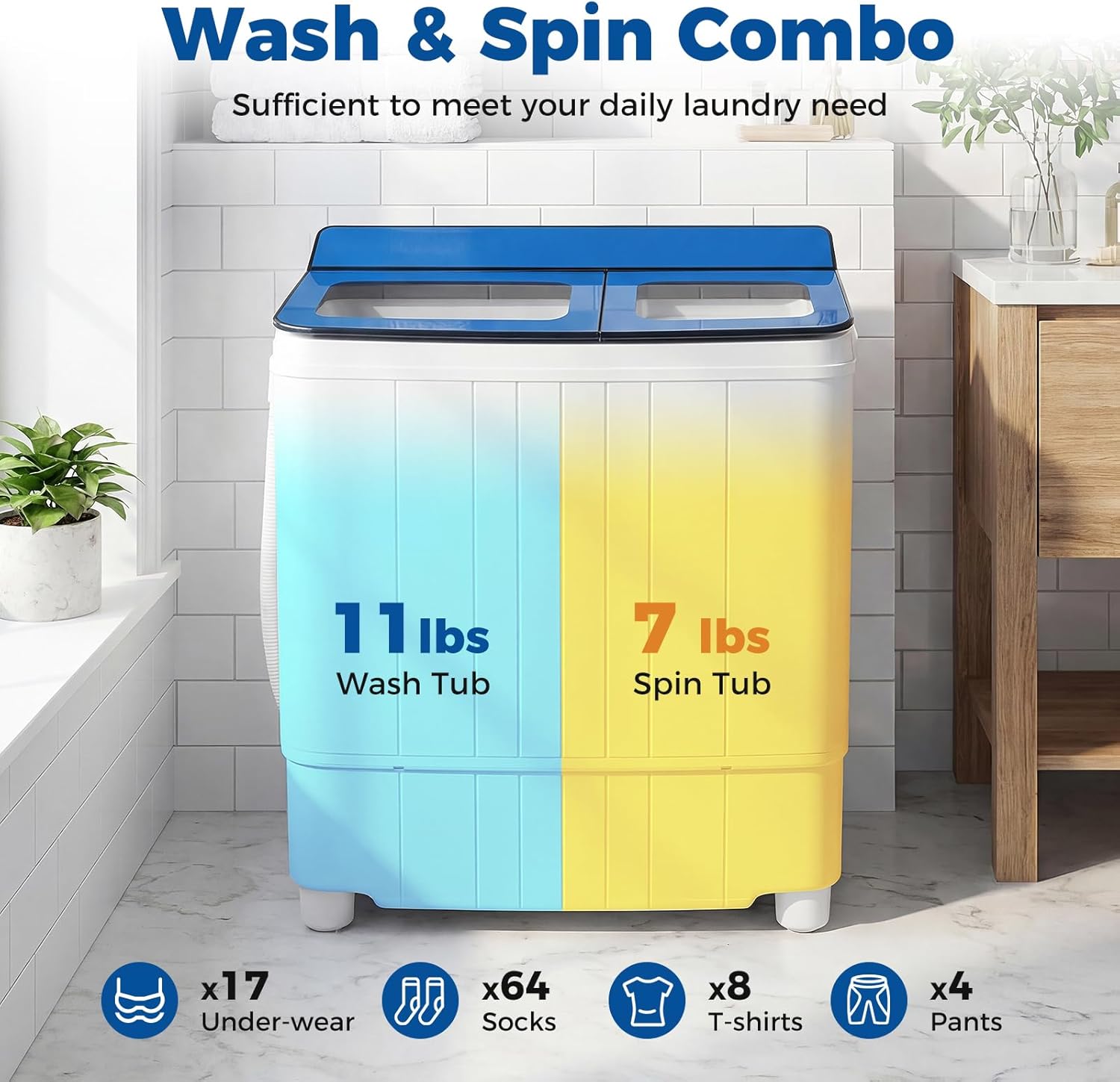 Giantex Portable Washing Machine, 18LBS Twin Tub Mini Compact Laundry Washer Spinner Combo with Drain Pump, 11Lbs Washer and 7Lbs Spinner for Apartments, RVs, Dorms, Blue+White
