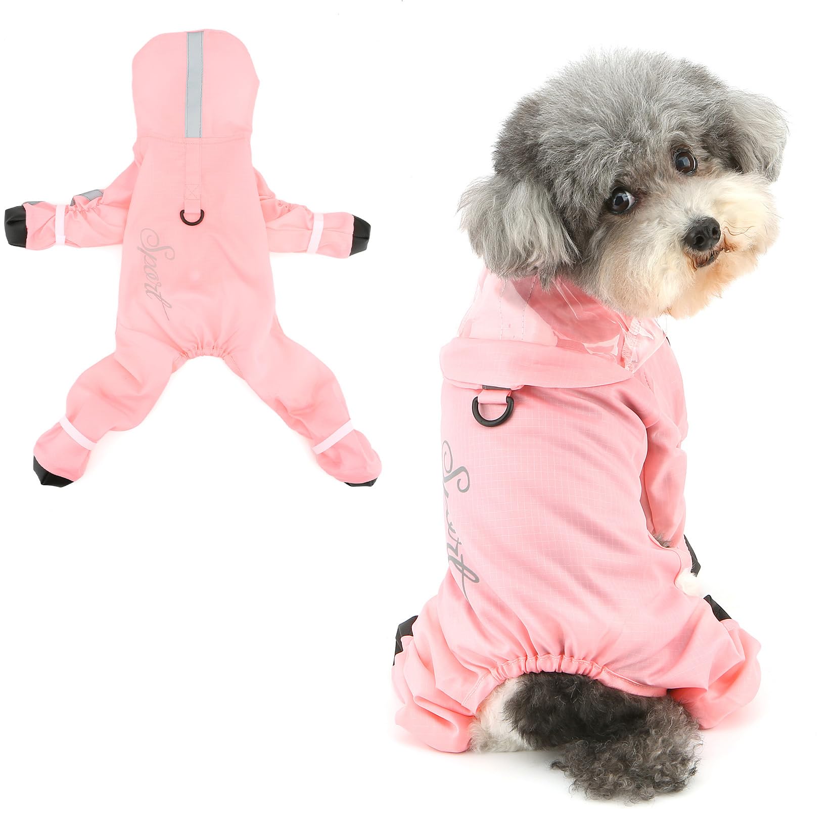 Ranphy Waterproof Reflective Hooded Pet Jumpsuit Raincoat for Xsmall Small Dogs with Boots Puppy Four-Legged Rain Coat Jacket Lightweight Poncho Yorkie Chihuahua Outdoor Clothes,Pink,L