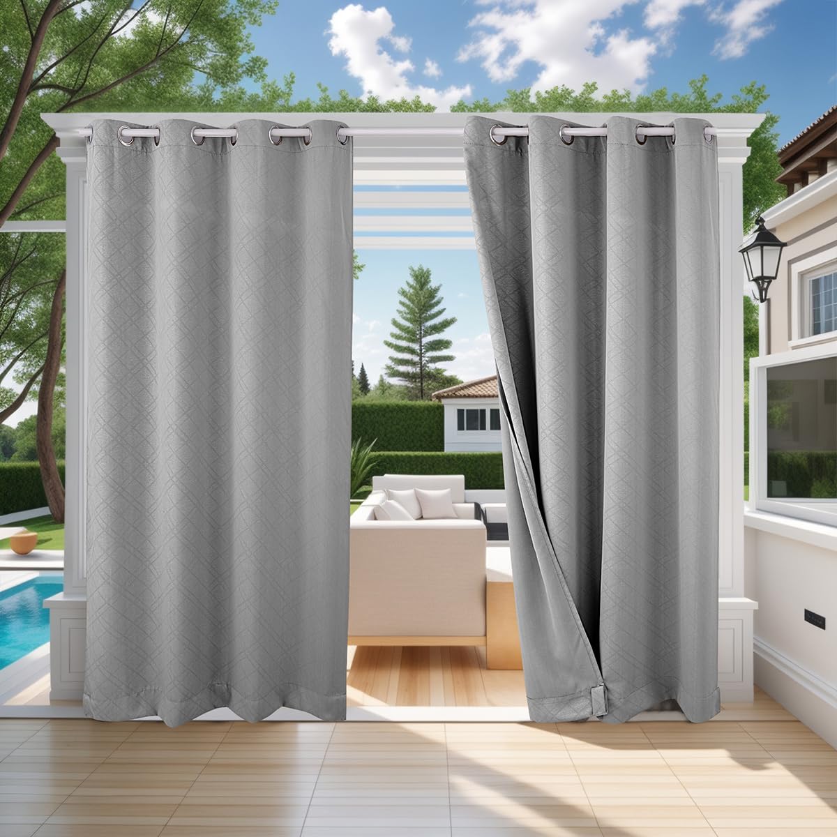 ele ELEOPTION Cortinas de Exterior, Resistentes al Agua, Protección UV, Cortina Exterior con Ojales, Cortina Opaca para Jardín, Patio, Balcón, Gris Claro 3D Textured, 1 Trozo / 132 X 213cm