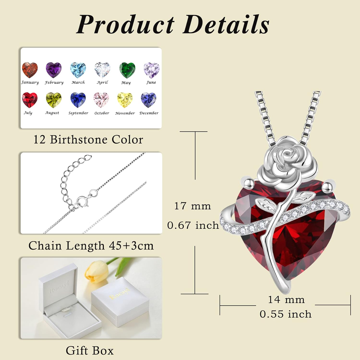Birthstone Necklace for Women 925 Sterling Silver Love Heart Rose Flower Necklace Dainty Jewelry Gifts for Women Wife Girlfriend Mother Daughter Her - Image 6