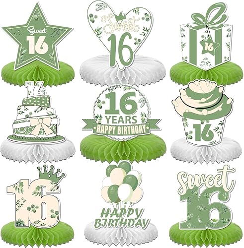 9 piezas de decoración de fiesta de dulces 16 centros de mesa de panal para niñas, color verde salvia, centros de mesa de feliz cumpleaños de 16