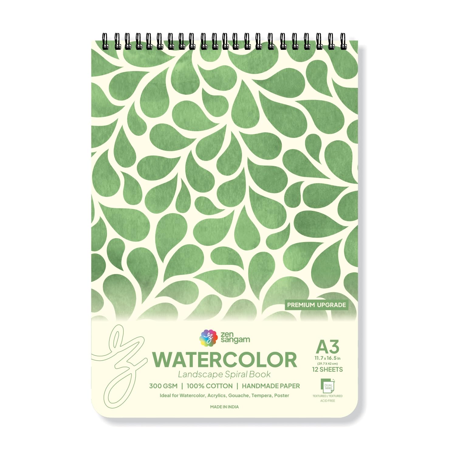 Zen Sangam A3 Spiral Watercolor Book | 300 GSM 100% Cotton | Handmade Papers | Size (42cmx29.7cm) | Landscape | 12 Sheets (24 Pages) for Beginners and Self Taught Artists - Calligraphy Sketchbook