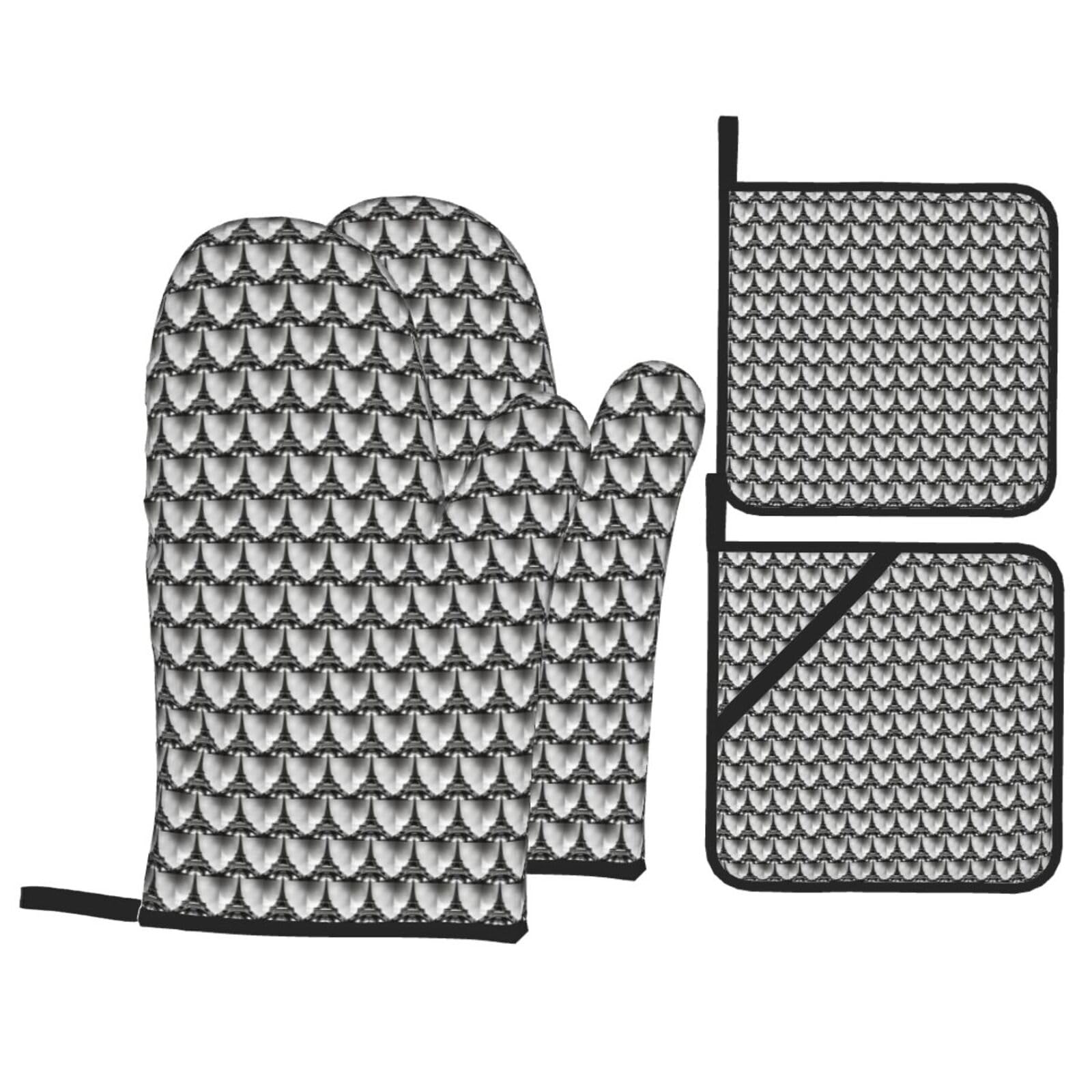 Black Paris Eiffel Tower Print 4-Piece Heat-Resistant Oven Waterproof Kitchen Gloves Cooking Roasting Essential