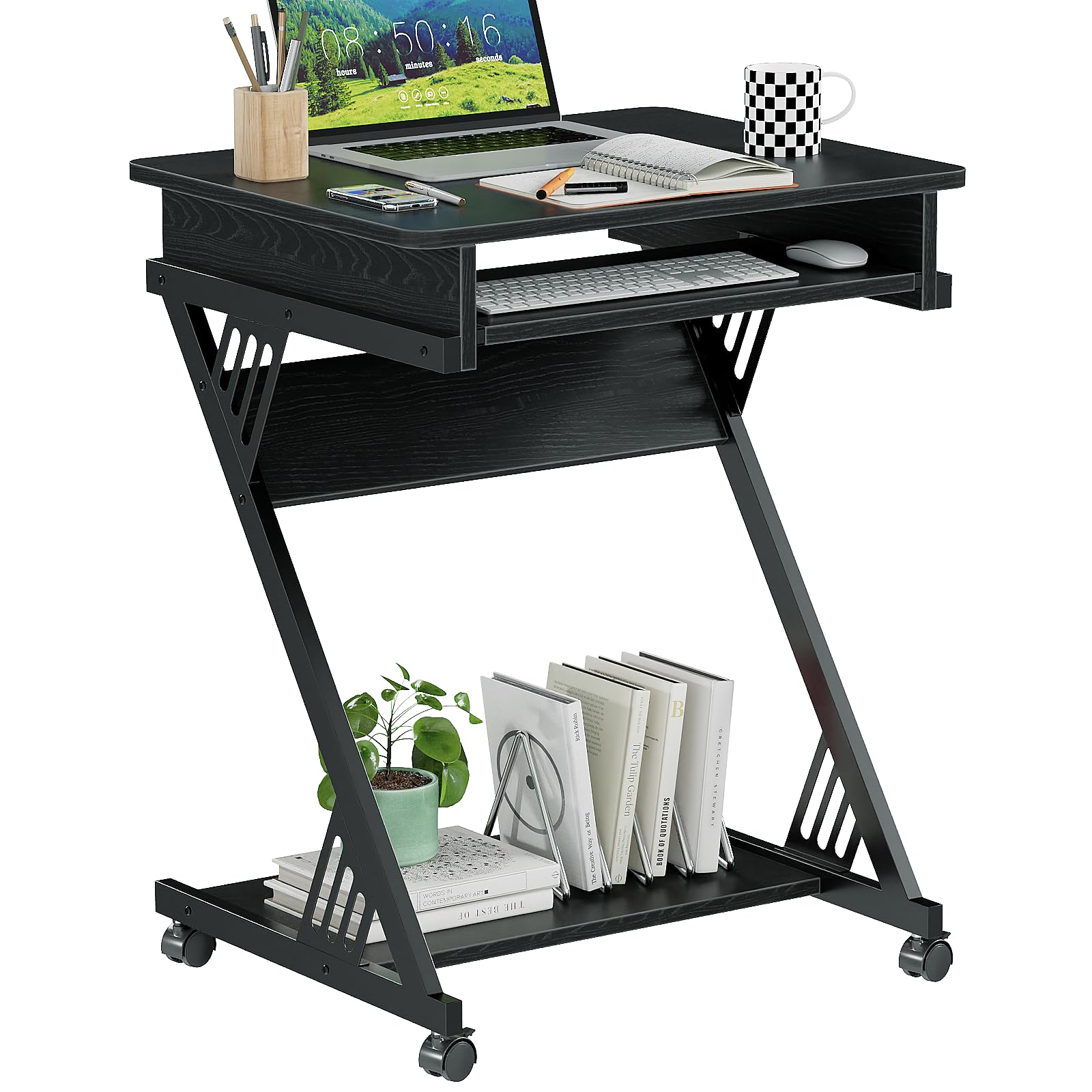 ALISENED Computertisch für kleine Räume, 59,9 cm, Z-förmig, kompakter Arbeitstisch mit glatter Tastaturablage, mit Rollen und unteren Ablagen für Zuhause, Büro, Computerwagen, mobiler Laptopwagen